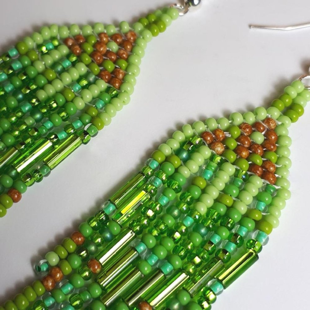 Handcrafted glass beaded fringed earrings green tones